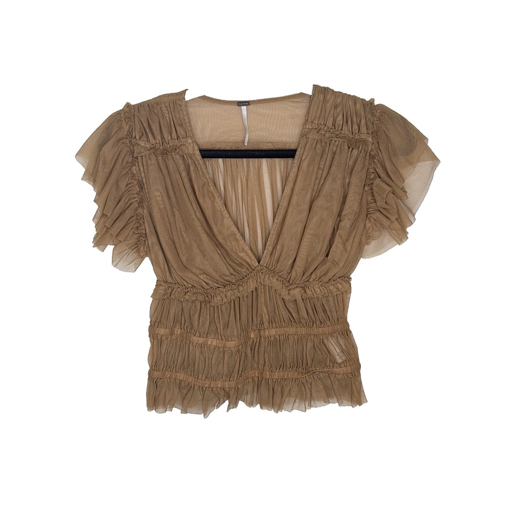 Free People Ruffle Top Womens S Tan Lightweight Smocked Lace Boho Fairy